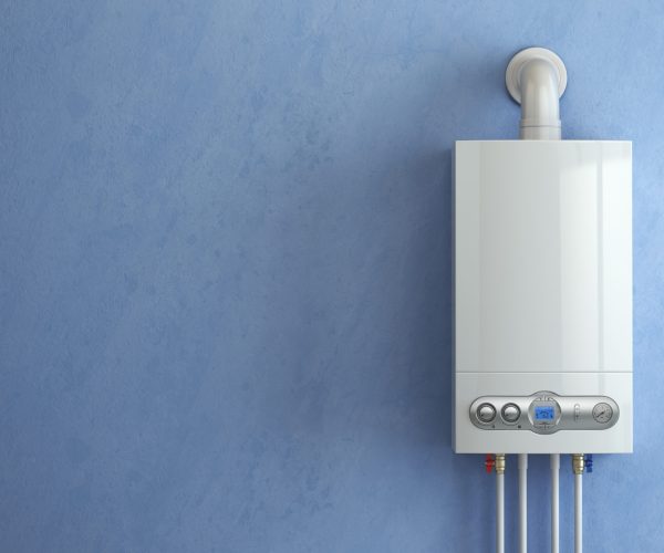 Gas boiler on blue background. Gas boiler home heating. 3d